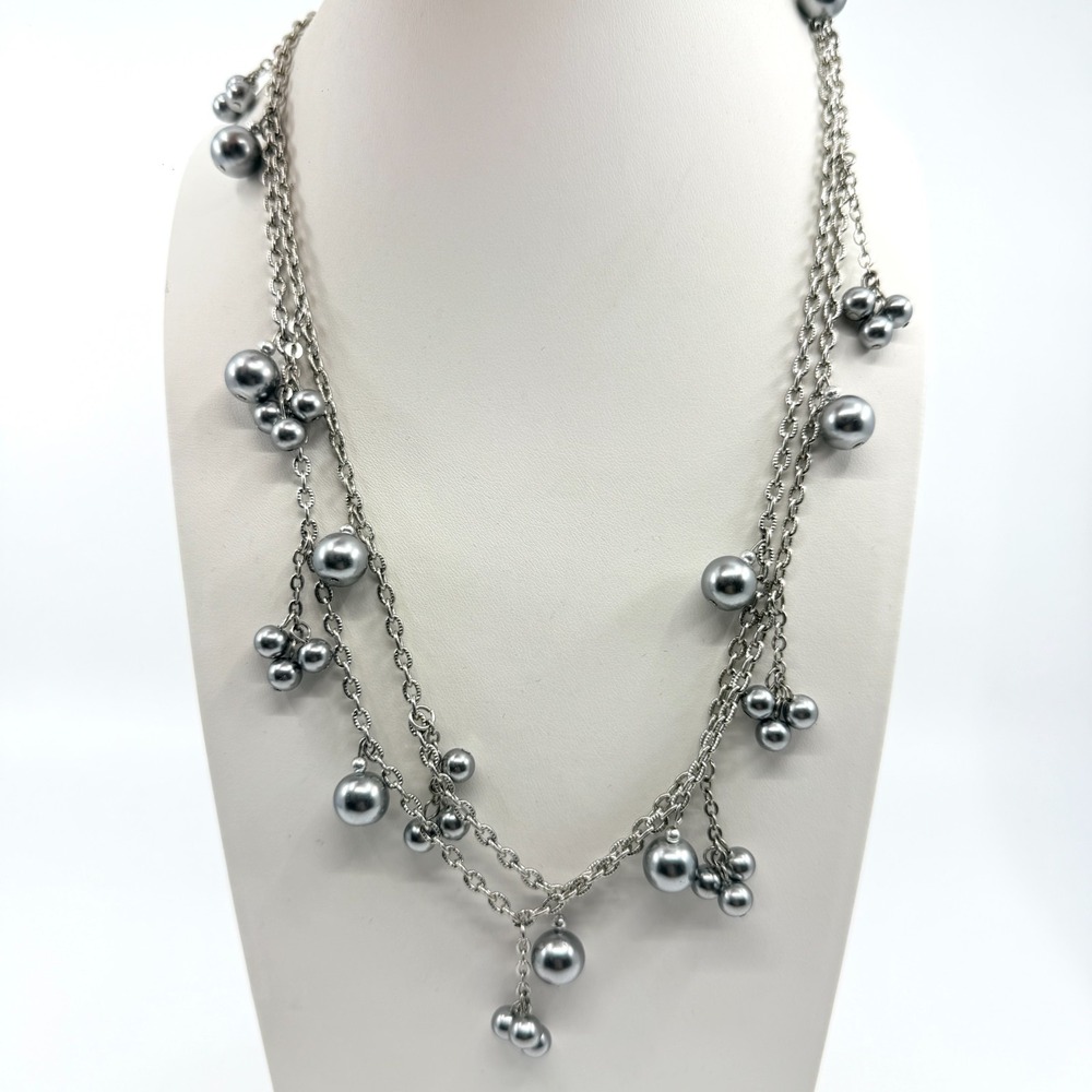Vintage Modern Multi Strand Grey Faux Pearl Charm Necklace Silver Tone